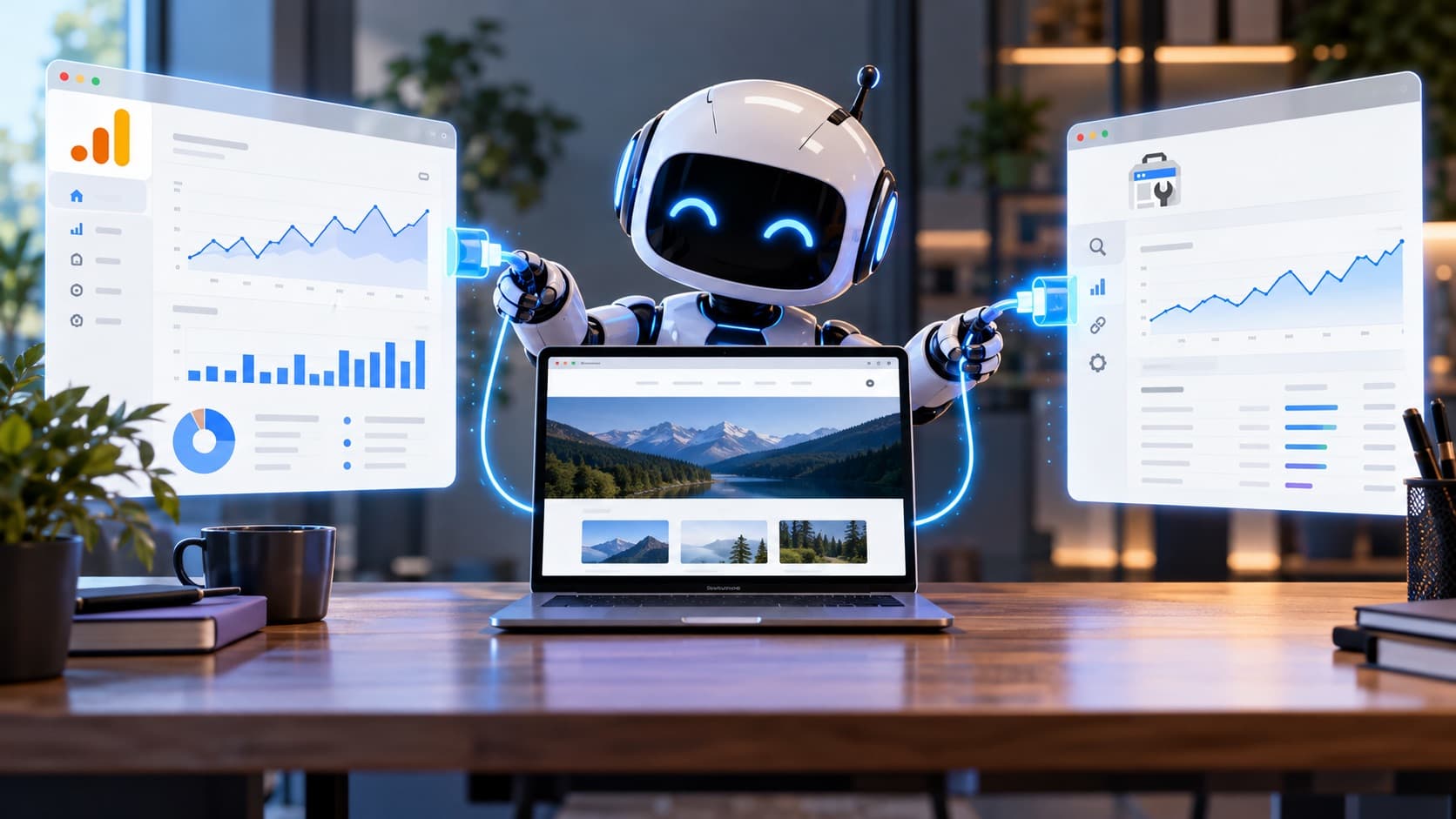 Robot przy laptopie ze stroną internetową podłącza ją do paneli z wykresami Google Analytics i Search Console
