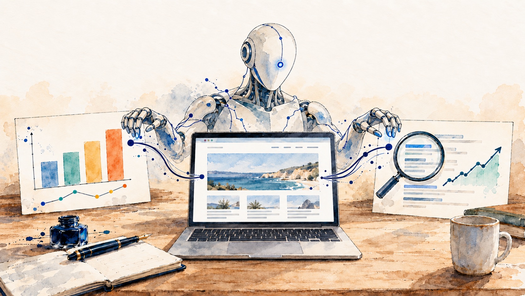 Akwarelowa ilustracja: robot łączy laptopa ze stroną internetową z wykresem statystyk i wynikami wyszukiwania