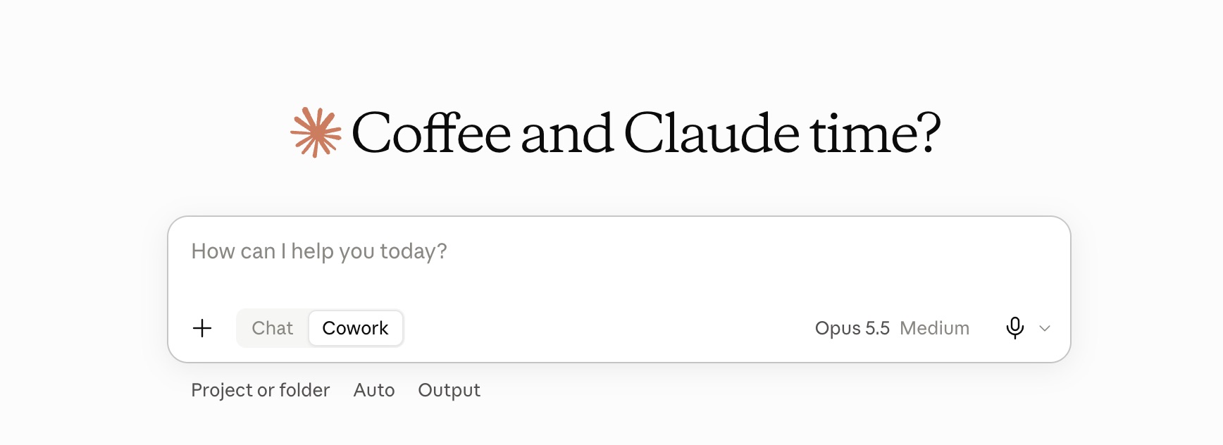 Aplikacja Claude: pole wiadomości z przełącznikiem Chat i Cowork, pod nim opcja Project or folder