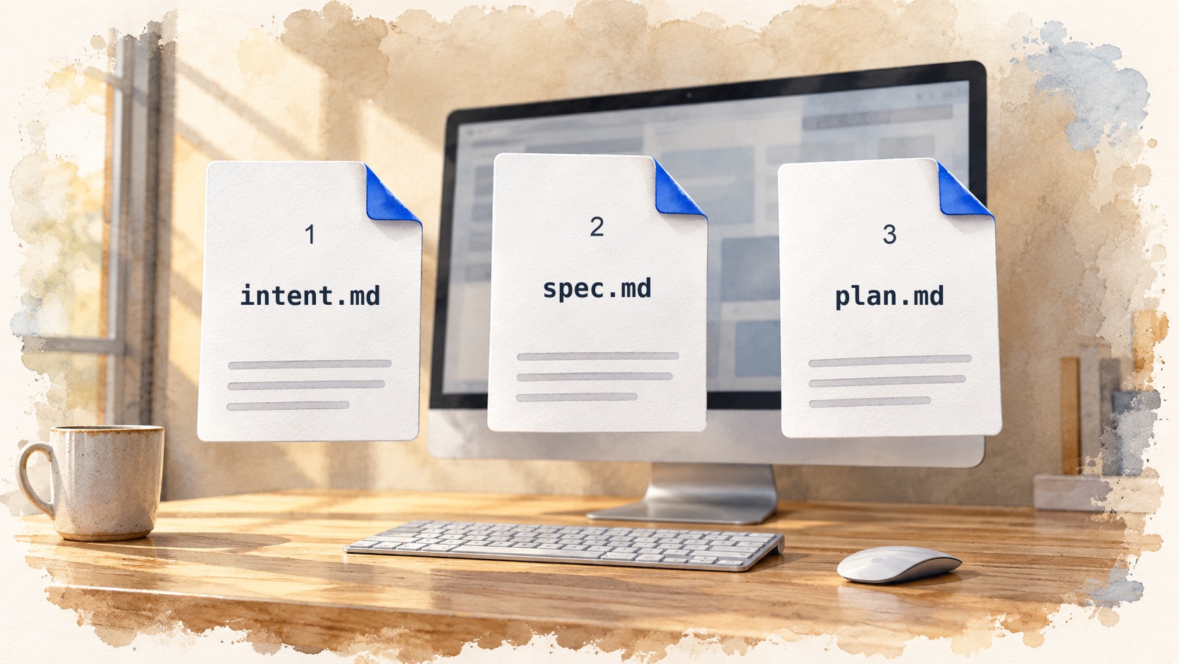 Trzy kartki z napisami intent.md, spec.md i plan.md przed monitorem na biurku