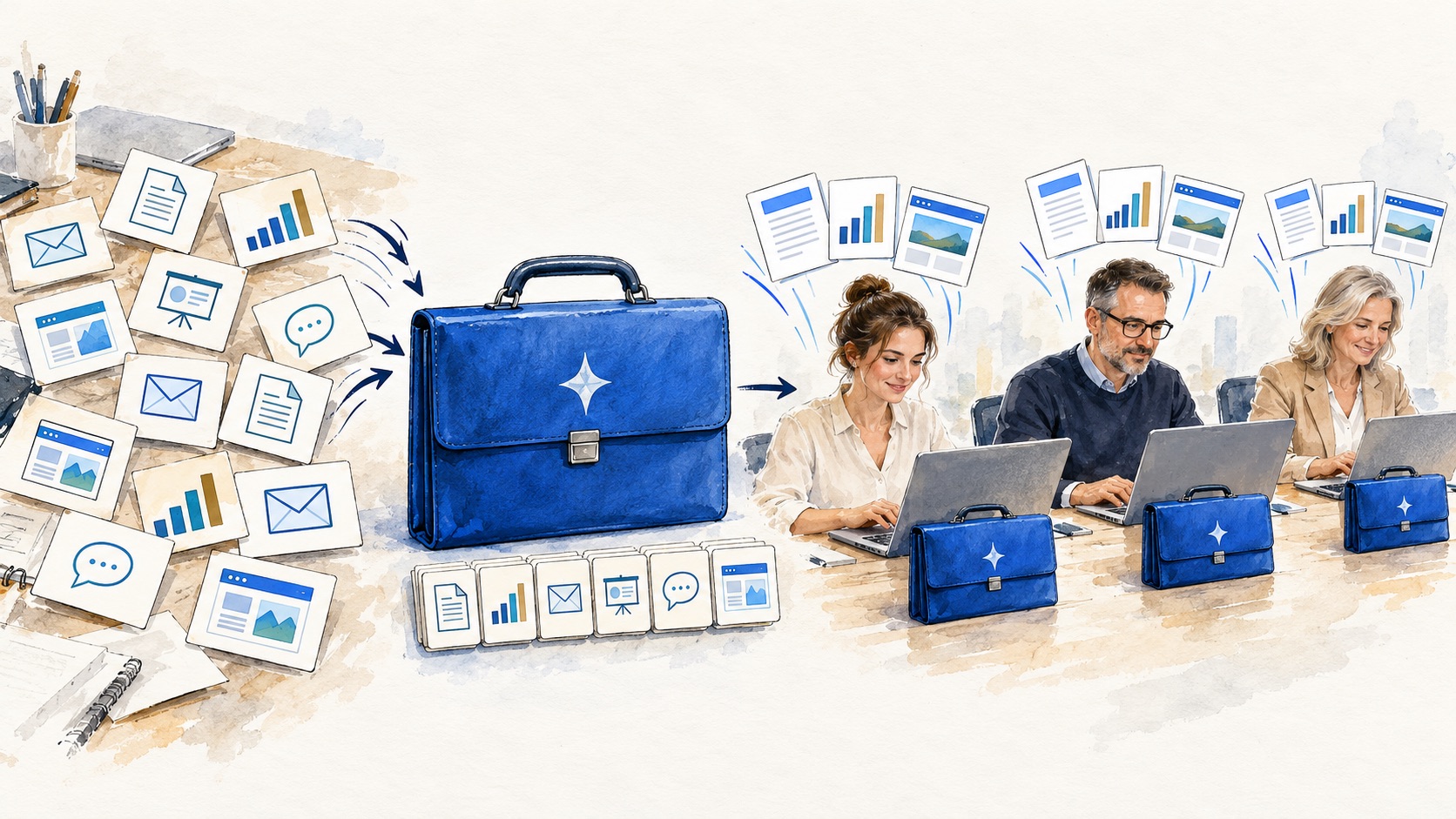 Ilustracja: karty ze skillami trafiają do jednej niebieskiej teczki, a jej kopie dostają trzy osoby pracujące przy laptopach