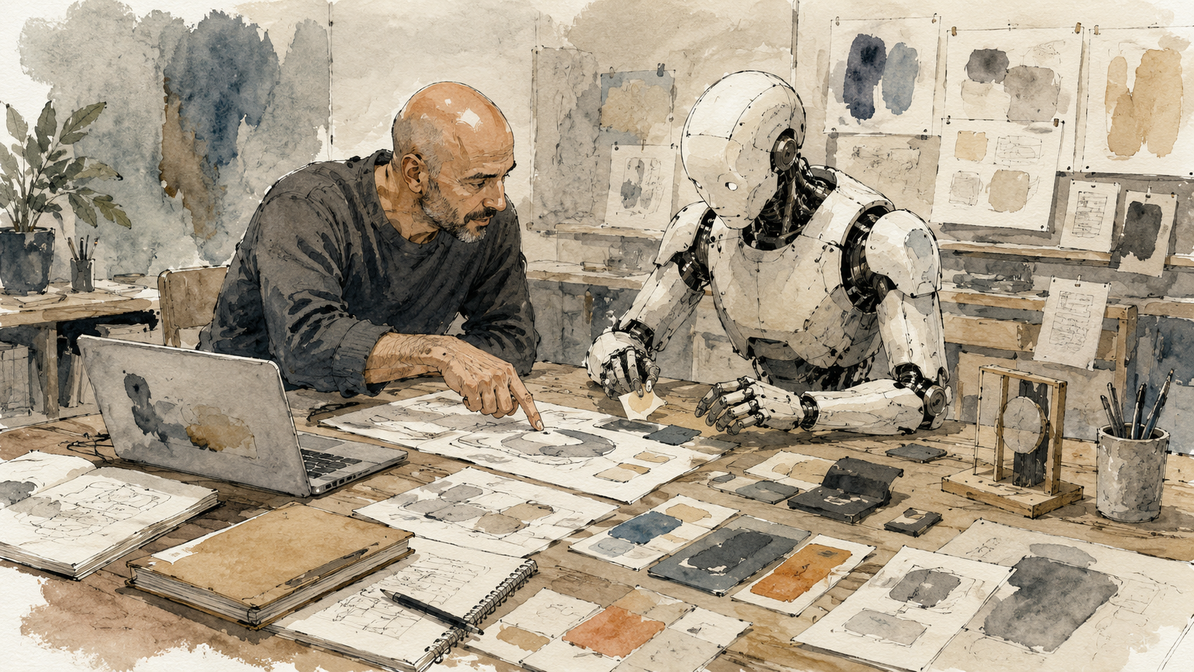 Akwarelowa ilustracja: mężczyzna i robot pochylają się nad rozłożonymi na stole kartami projektu