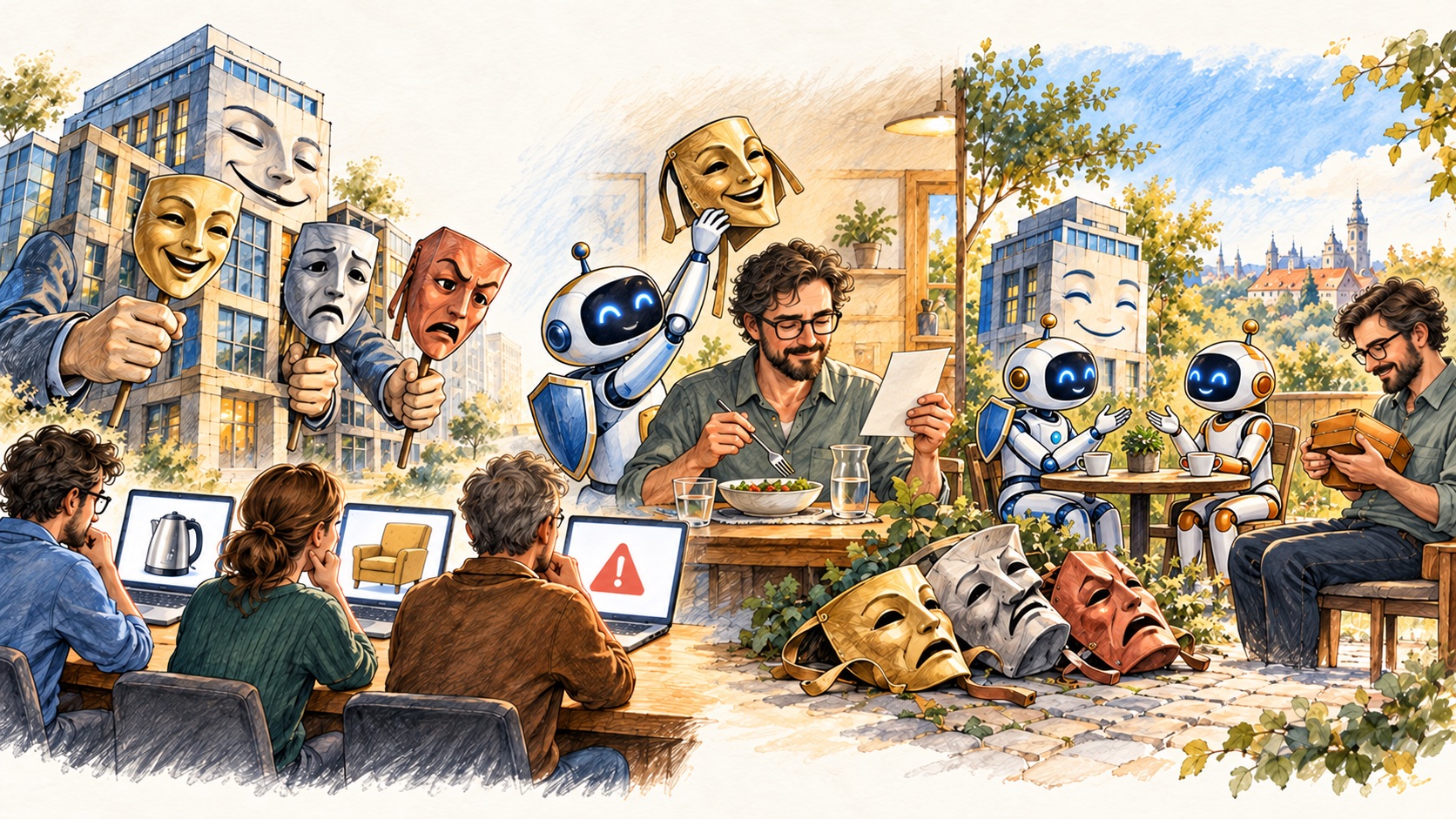 Ilustracja: firma podaje klientom różne maski, robot-agent z tarczą zdejmuje maskę przed swoim człowiekiem, a na końcu dwa agenty rozmawiają przy stoliku nad porzuconymi maskami
